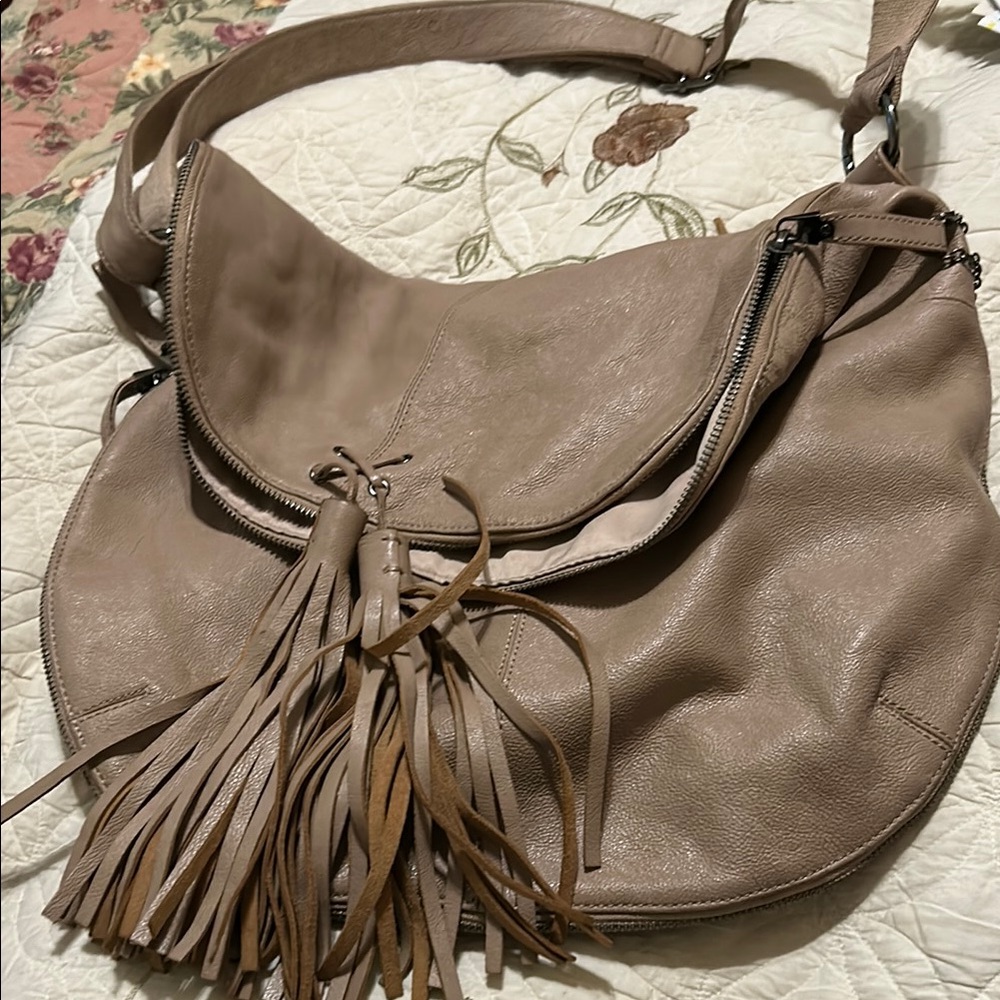 Taupe Leather Tassel Shoulder Bag